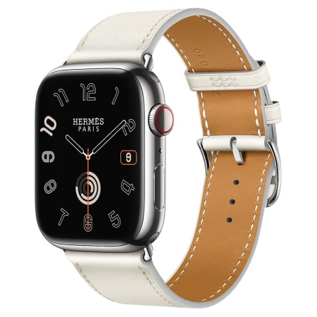 Часы Apple Watch Series 9 Hermes 45 мм, корпус из нержавеющей стали цвета серебро, ремешок с застежкой на один круг из телячьей кожи цвета Blanc