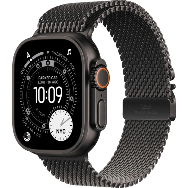 Часы Apple Watch Ultra 3 (2025), 49 мм, корпус из титана цвета «Black», ремешок Titanium Milanese Loop цвета «Black», чёрный
