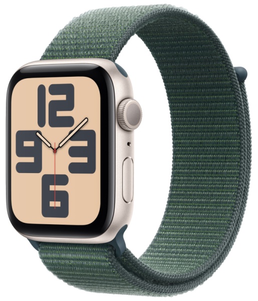 Часы Apple Watch SE (2024), 44 мм, корпус из алюминия цвета «Starlight», ремешок Sport Loop цвета «Lake Green», зелёный