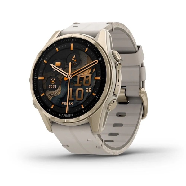 Умные часы Garmin FENIX 8 43 мм Amoled Sapphire Soft Gold Stainless Steel Fog Gray Leather Band+Fog Gray/Dark Sandstone